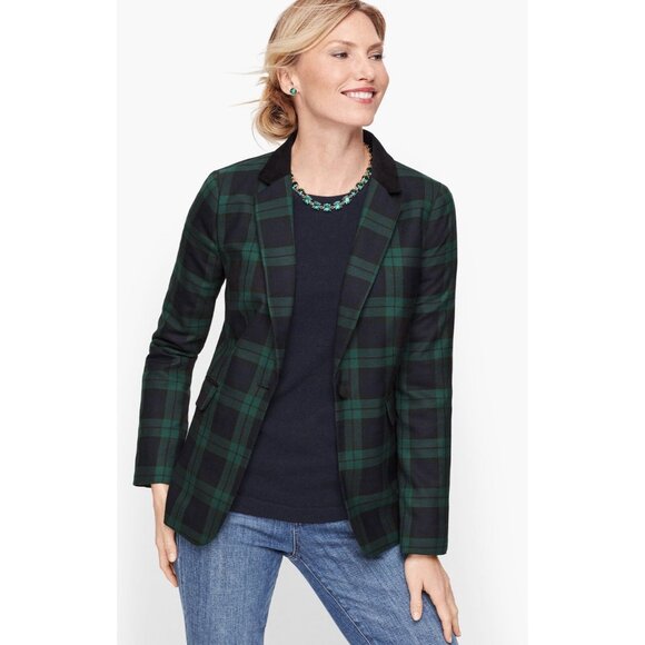 Talbots Blazer Jacket 14 P Petite Wool Blend Tartan Green Navy Plaid Velvet Trim - Picture 1 of 9